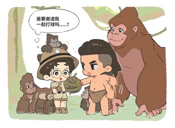 2boys akagi_takenori animal animal_on_head backpack bag ball bandaid bandaid_on_knee bandaid_on_leg barefoot black_bag brown_eyes brown_footwear brown_gloves brown_hair brown_headwear brown_shirt brown_shorts chibi chinese_text closed_mouth confused dark-skinned_male dark_skin day dreadlocks full_body glasses gloves gorilla grey-framed_eyewear holding holding_ball jungle ke_(ke_sd) kogure_kiminobu loincloth long_hair looking_at_another male_focus monkey multiple_boys nature navel nipples on_head open_mouth outdoors parody plant round_eyewear shirt shorts slam_dunk_(series) speech_bubble sweatdrop tarzan_(disney_movie) thought_bubble topless_male translated tree undercut