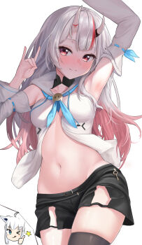 1girl absurdres armpits arms_up black_shorts black_thighhighs blue_neckerchief blush breasts commentary cosplay detached_sleeves fox_shadow_puppet highres hololive kakinotane_e long_hair medium_breasts midriff multicolored_hair nakiri_ayame navel neckerchief oni red_eyes red_hair revision shirakami_fubuki shirakami_fubuki_(1st_costume) shirakami_fubuki_(cosplay) shorts solo stomach streaked_hair thighhighs thighs virtual_youtuber white_background white_hair