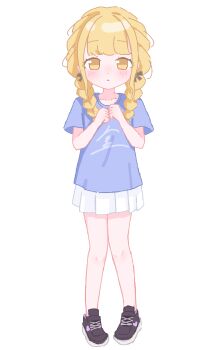 Rule 34 | 1girl, aged down, black bow, black shoes, blonde hair, blue shirt, blush, bow, braid, braided twintails, collarbone, commentary request, fujita kotone, full body, gakuen idolmaster, hair bow, hands up, highres, idolmaster, long hair, looking at viewer, miniskirt, open mouth, pleated skirt, shirt, shoes, short sleeves, simple background, skirt, sneakers, solo, standing, t-shirt, takahasi oso, twintails, white background, white skirt, yellow eyes