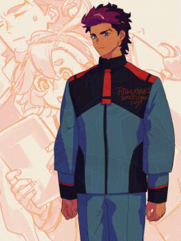 Rule 34 | 1boy, 1girl, ahoge, artist name, asticassia school uniform, black hair, blue eyes, blue jacket, blue pants, closed mouth, commentary request, cowboy shot, dated, guel jeturk, gundam, gundam suisei no majo, hair between eyes, hairband, ivy hermit, jacket, looking at viewer, male focus, multicolored hair, necktie, pants, pink hair, red necktie, school uniform, short hair, solo focus, suletta mercury, sweatdrop, thick eyebrows, two-tone hair, upper body