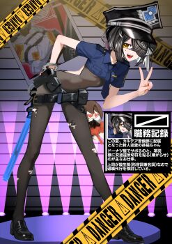 1girl absurdres black_bodysuit black_hair blue_necktie blue_shirt bodysuit breasts brown_eyes caution_tape character_doll crop_top crop_top_overhang cuffs doll fate/grand_order fate_(series) hair_over_one_eye handcuffs hat highres impossible_bodysuit impossible_clothes impossible_leotard kitsunebi44410 lady_yu_doll latex latex_bodysuit leotard medium_hair mole mole_under_eye necktie police police_hat police_uniform policeman policewoman renault_trafic shirt skin_tight small_breasts smile solo stage stage_lights straitjacket v xu_fu_(fate)