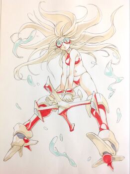 1girl bikini blonde_hair blush boots breasts flying full_body goggles highres long_hair medium_breasts messy_hair navel open_mouth original peter_salt red_bikini solo swimsuit traditional_media water