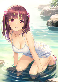1girl breasts brown_hair cleavage collarbone commentary_request dress flower hair_flower hair_ornament kneeling koutaro medium_breasts original red_eyes red_sandals sandals shallow_water sleeveless sleeveless_dress solo thighs two_side_up water white_dress