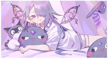 Rule 34 | 1girl, chest jewel, commentary, dress, english commentary, gem, grey hair, hololive, hololive english, jewel under eye, koseki bijou, koseki bijou (pebble pajamas), long hair, lying, multicolored hair, on stomach, open mouth, pebble (koseki bijou), pink hair, purple hair, smile, striped clothes, striped thighhighs, tentacleluver, thighhighs, virtual youtuber