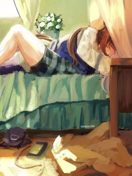 2girls artist_name bed brown_hair flower hand_on_another's_head highres horse_girl horse_tail indoors kiss knee_up long_hair long_sleeves lying mejiro_mcqueen_(umamusume) multiple_girls on_back on_bed purple_hair purple_shirt purple_skirt school_uniform shirt skirt tail tapeanna tokai_teio_(umamusume) tracen_school_uniform umamusume white_flower window yuri