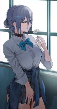 1girl absurdres black_choker blue_bow bow bowtie button_gap chainsaw_man choker flower green_eyes grenade_pin hair_between_eyes hair_bun highres miniskirt pull_cord reze_(chainsaw_man) school_swimsuit single_hair_bun skirt solo swimsuit yohwa