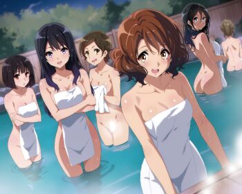 Rule 34 | 6+girls, ass, black hair, blue eyes, blurry, blurry background, breasts, brown eyes, brown hair, character request, collarbone, covering privates, fluffy hair, hair ornament, hairclip, hibike! euphonium, highres, hisaishi kanade, katou hazuki, kousaka reina, large breasts, light censor, long hair, medium breasts, multiple girls, naked towel, nude cover, nude filter request, onsen, oumae kumiko, outdoors, purple eyes, red eyes, same-sex bathing, sbel02, shared bathing, short hair, smile, tanaka asuka, towel, wading, wet