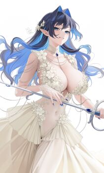 Rule 34 | 1girl, absurdres, alternate costume, black hair, blue eyes, blue hair, blue nails, breasts, brooch, cleavage, colored inner hair, commentary, dress, english commentary, floating hair, flower, flower dress, grin, hair flower, hair intakes, hair ornament, highres, holding, holding sword, holding weapon, hololive, hololive english, jewelry, large breasts, looking at viewer, multicolored hair, nail polish, navel, oikomia, ouro kronii, pointy ears, saber (weapon), see-through clothes, see-through dress, simple background, sleeveless, sleeveless dress, smile, solo, sword, virtual youtuber, weapon, white background, white dress