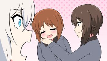 3girls blue_eyes blush brown_eyes brown_hair closed_mouth commentary dress_shirt frown girls_und_panzer grey_hair grey_shirt hand_on_another&#039;s_face iteza_(flapper_girl_25) itsumi_erika jaw_drop kuromorimine_school_uniform long_sleeves multiple_girls nishizumi_maho nishizumi_miho open_mouth pink_background polka_dot polka_dot_background school_uniform shirt short_hair