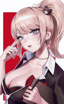 1girl bear_hair_ornament black_shirt blonde_hair blue_eyes bow breasts cleavage collarbone commentary_request danganronpa:_trigger_happy_havoc danganronpa_(series) enoshima_junko glasses hair_ornament highres holding korean_commentary large_breasts long_hair looking_at_viewer nail_polish necktie official_alternate_hairstyle ponytail red_background red_bow red_nails seoha_1007 shirt solo white_background