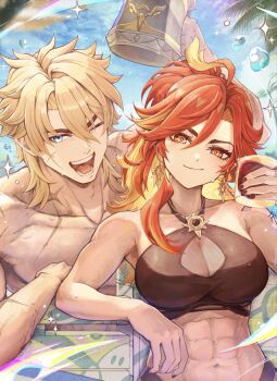 1boy 1girl ;d bare_shoulders beer_mug blonde_hair breasts cleavage cleavage_cutout clothing_cutout cloud cloudy_sky collarbone commentary_request cross_scar cup drinking_glass earrings facial_scar genshin_impact highres holding holding_cup jewelry long_hair looking_at_viewer mavuika_(genshin_impact) medium_hair mug multicolored_hair multiple_scars muscular muscular_male necklace one_eye_closed open_mouth orange_pupils outdoors palm_tree pendant red_hair ring rocks_glass scar scar_on_arm scar_on_cheek scar_on_chest scar_on_face see-through_cleavage see-through_clothes sky smile smirk sun_earrings sun_pendant symbol_in_eye toned toned_female topless_male touji_(tozi526) tree two-tone_hair varka_(genshin_impact) water_drop