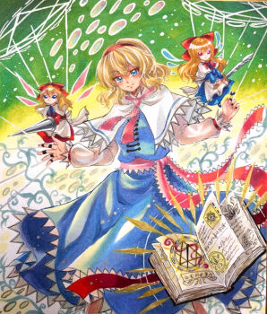 1girl alice_margatroid blonde_hair blue_dress blue_eyes blush book bow breasts capelet closed_mouth commentary_request doll dress grimoire_of_alice hair_bow hairband holding holding_polearm holding_sword holding_weapon hourai_doll jewelry lance long_hair looking_at_viewer mitsu~ open_book pink_sash polearm puppet_rings puppet_strings red_bow red_hairband ring sash shanghai_doll smile solo sword touhou traditional_media waist_sash weapon white_capelet