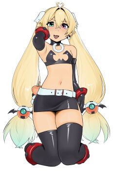 1girl absurdres ahoge belt black_boots black_bra black_choker black_gloves black_skirt blonde_hair blue_hair boots bra bracelet breasts choker colored_tips commentary cosplay disgaea earrings elbow_gloves english_commentary etna_(disgaea) etna_(disgaea)_(cosplay) flat_chest full_body gloves gradient_hair green_eyes hair_ornament hand_in_own_hair hand_up heart heart-shaped_hair heart_ahoge heterochromia highres indie_virtual_youtuber jewelry kneeling koumourin_rurika long_hair looking_at_viewer makai_senki_disgaea_2 miniskirt mole mole_on_breast multicolored_hair o-ring o-ring_choker open_mouth pointy_ears purple_eyes skirt skull_earrings smile solo strapless strapless_bra studded_bracelet thigh_boots twintails underwear v-shaped_eyebrows white_belt yirtios