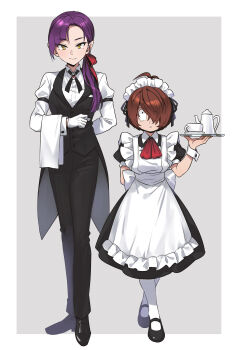 1boy 1girl absurdres alternate_costume apron arm_behind_back arm_strap ascot black_dress black_eyes black_pants black_ribbon black_shoes black_vest border bow brooch brown_hair butler closed_mouth coattails coffee_pot collared_dress collared_shirt commentary_request crossdressing crossdressing_(ftm) crossdressing_(mtf) crossed_ankles cup dress enmaided female_butler gegege_no_kitarou gloves grey_background hair_bow hair_over_one_eye hair_over_shoulder hair_ribbon hand_up highres holding holding_tray jewelry kitarou looking_at_viewer low_ponytail maid maid_headdress mary_janes neck_ribbon nekomusume nekomusume_(gegege_no_kitarou_6) one_eye_covered outside_border pants pantyhose pointy_ears ponytail puffy_short_sleeves puffy_sleeves purple_hair red_ascot red_bow ribbon saucer shirt shoes short_hair short_sleeves silanduqiaocui simple_background sleeve_cuffs smile standing tailcoat teacup towel towel_on_arm tray vest white_apron white_border white_gloves white_pantyhose white_shirt wrist_cuffs yellow_eyes