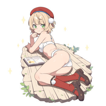1girl ass beret book bra braid breasts brown_hair brown_shoes closed_mouth full_body green_eyes hand_up hat hatsunatsu indie_virtual_youtuber lying no_pants no_shirt on_floor on_side open_book panties red_hat red_socks shigure_ui_(vtuber) shoes small_breasts smile socks solo sparkle underwear underwear_only virtual_youtuber white_background white_bra white_panties wooden_floor