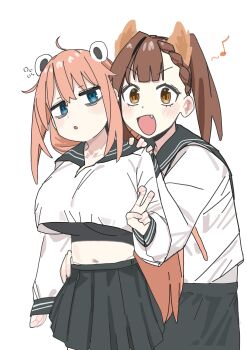 2girls absurdres blue_eyes breasts brown_eyes brown_hair highres kotobuki_hisako large_breasts long_hair michinoku_komaro multiple_girls open_mouth oppai_loli school_uniform seitokai_ni_mo_ana_wa_aru! skirt yana_(muuimiingan)