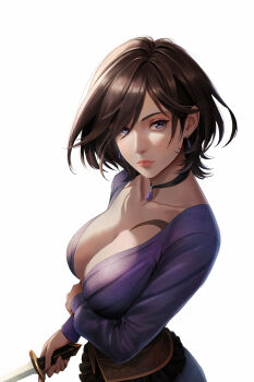 1girl arm_across_waist black_choker breasts brown_hair choker cleavage closed_mouth corset dagger dress earrings highres holding holding_dagger holding_knife holding_weapon jewelry knife large_breasts lips long_sleeves looking_at_viewer low_neckline octopath_traveler octopath_traveler_ii purple_dress purple_eyes redpoke short_hair simple_background solo tattoo throne_anguis upper_body weapon white_background
