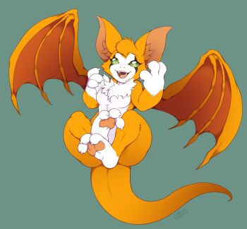 1girl animal_ears animal_feet artist_name barefoot bat_wings body_fur breasts claws dust:_an_elysian_tail facial_mark female_focus fidget_(dust:_an_elysian_tail) full_body fur_collar furry furry_female green_eyes gunmouth happy nude orange_fur orange_hair short_hair smile snout solo tail two-tone_fur white_fur wings