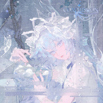1girl blue_bow blue_hair blue_ribbon blue_theme bow broken_glass chinese_commentary cloud colored_eyelashes commentary_request commission crying crying_with_eyes_open dress fan_yeyeyeyeye fingernails frilled_wrist_cuffs frills from_side glass hair_between_eyes hair_bow hat highres holding holding_orb liquid_hair long_hair looking_at_object mirror mob_cap musical_staff neck_ribbon orange_lips orb original parted_lips pink_nails plant puffy_short_sleeves puffy_sleeves ribbon short_sleeves solo tears upper_body vines water watermark weibo_watermark white_dress white_wrist_cuffs wrist_cuffs