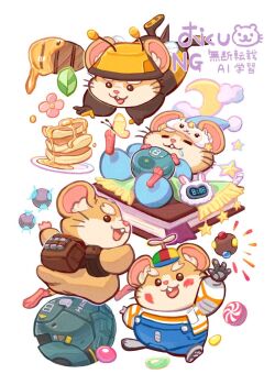 Rule 34 | 1boy, animal ears, backpack, bag, bee costume, blue pajamas, chocotto2989, closed mouth, commentary, drooling, flower, food, hammond (overwatch), hamster, hamster ears, hamster tail, leaf, looking at viewer, looking back, multiple views, no humans, open mouth, overwatch, pajamas, pancake, pancake stack, pawpads, propeller hat, sleeping, white background