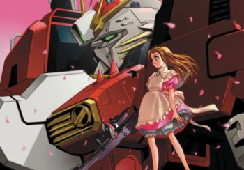1girl alice's_adventures_in_wonderland alice_(alice_in_wonderland) apron back_bow blonde_hair bloomers bow brooch cherry_blossoms closed_mouth commentary_request crossover dress ex-s_gundam falling_petals frilled_apron frills green_eyes gun gundam gundam_sentinel hairband holding holding_gun holding_weapon jewelry long_hair mecha mobile_suit petals pink_dress pink_hairband puffy_short_sleeves puffy_sleeves robot short_sleeves standing tatsuya1227 underwear weapon weapon_request white_apron white_bloomers white_bow