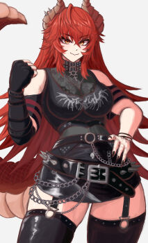 Rule 34 | 1girl, absurdres, belt, black belt, black collar, black nails, black shirt, black thighhighs, breasts, closed mouth, collar, commentary, cross, cross necklace, dragon girl, dragon horns, dragon tail, fingerless gloves, gloves, hand on own hip, highres, horn piercing, horns, indie virtual youtuber, jewelry, large breasts, long hair, looking at viewer, meibin, nail polish, necklace, o-ring, o-ring legwear, red hair, shirt, single glove, smile, solo, spiked belt, spiked collar, spikes, tail, thighhighs, virtual youtuber, yellow eyes, zentreya, zentreya (dragon), zentreya (dragon) (metalheads)