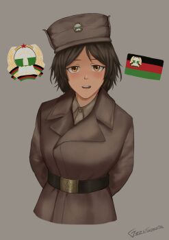 1girl absurdres afghan_army afghan_flag afghanistan arms_behind_back artist_name belt black_belt black_hair blush brown_coat brown_eyes brown_hat brown_shirt coat cold_war commentary emblem english_commentary grey_background grzegorz1996 hat highres looking_at_viewer military military_uniform open_mouth original shirt short_hair signature simple_background upper_body