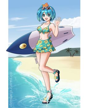 1girl bare_shoulders beach bikini blue_bikini blue_eyes blue_hair blue_sarong border breasts cleavage collarbone deniacp eyewear_on_head flower full_body hair_flower hair_ornament highres holding holding_surfboard medium_breasts mega_man_(series) mega_man_x_(series) mega_man_x_dive navel ocean rico_(mega_man) sand sarong solo sunglasses surfboard swimsuit water white_border