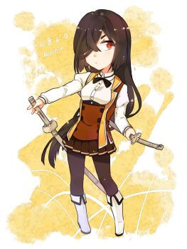 Rule 34 | 1girl, artist name, black bow, black bowtie, black hair, black pantyhose, boots, bow, bowtie, brown skirt, chibi, closed mouth, collared shirt, commentary request, contrapposto, dated, dual wielding, full body, hair over one eye, highres, holding, holding sword, holding weapon, jacket, katana, knee boots, kumin (6939359), long hair, long sleeves, miniskirt, one eye covered, orange jacket, origami yukari, osafune girls academy school uniform, pantyhose, pleated skirt, red eyes, school uniform, shirt, sidelocks, skirt, solo, standing, sword, toji no miko, very long hair, weapon, white boots, white shirt, winter uniform