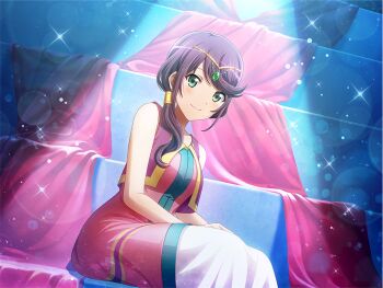 1girl closed_mouth dress dutch_angle game_cg green_eyes hair_over_shoulder headpiece hoshimi_junna long_hair looking_at_viewer no_eyewear official_art pink_dress ponytail purple_hair purple_vest shoujo_kageki_revue_starlight shoujo_kageki_revue_starlight_-re_live- sitting sleeveless sleeveless_dress smile solo spotlight upper_body vest