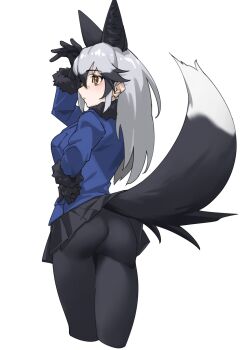 1girl animal_ears black_bow black_bowtie black_fur black_gloves black_hair black_pantyhose black_skirt blue_jacket bow bowtie commentary_request cowboy_shot extra_ears fox_ears fox_girl fox_tail from_behind fur_trim gloves grey_hair hair_between_eyes highres jacket kemono_friends long_hair long_sleeves multicolored_hair orange_hair pantyhose pleated_skirt sidelocks silver_fox_(kemono_friends) skirt solo tail tanabe_(fueisei) two-tone_hair