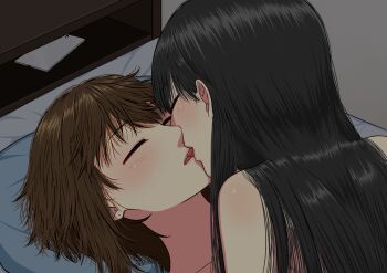 2girls absurdres black_hair blush brown_hair cellphone closed_eyes commentary_request french_kiss highres kiss long_hair multiple_girls nude on_bed original phone piercing_hole pillow ryuusa short_hair smartphone touhou yuri