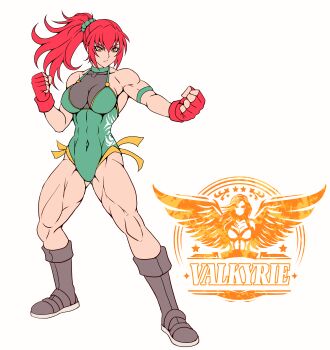 1girl boots fingerless_gloves gloves long_hair muscular muscular_female original ponytail red_gloves red_hair solo tagme taroimo_(00120014) wrestler wrestling_outfit
