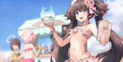 Rule 34 | 4girls, bikini, blue archive, blush, breasts, brown hair, chlorella observation club member (blue archive), day, fang, flower, food, food stand, frilled bikini, frills, green hair, hair flower, hair ornament, halo, highres, holding, holding tray, inre kemomimi, long hair, multiple girls, navel, official alternate costume, open mouth, outdoors, pink bikini, pink flower, pink hair, pink halo, purple eyes, shaved ice, shizuko (blue archive), shizuko (swimsuit) (blue archive), skin fang, small breasts, smile, swimsuit, tray, twintails, umika (blue archive)
