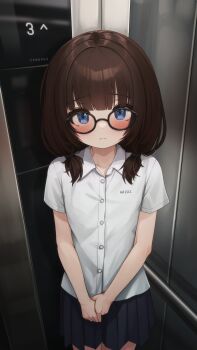 1girl absurdres bare_arms black-framed_eyewear blue_eyes blue_skirt blush brown_hair closed_mouth collarbone collared_shirt comodox cowboy_shot dress_shirt elevator glasses highres huge_filesize indoors large_variant_set long_hair looking_at_viewer low_twintails miniskirt original pleated_skirt school_uniform sheryn_(comodox) shirt short_sleeves skirt solo standing twintails variant_set white_shirt