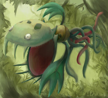 absurdres carnivine commentary_request constricted_pupils crazy_eyes fangs full_body gen_4_pokemon highres karura_(to-the-4483) monster nature nintendo no_humans open_mouth outdoors plant plant_monster pokemon pokemon_(creature) pokemon_focus solo teeth venus_flytrap