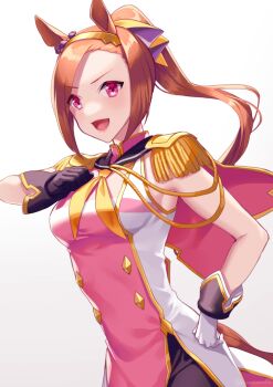 Rule 34 | 1girl, aiguillette, akatsuki (kuon), animal ears, asymmetrical gloves, black gloves, black sailor collar, black shorts, blush, breasts, brown hair, commentary request, epaulettes, flower in eye, gloves, gold hairband, hairband, horse ears, horse girl, horse tail, long hair, looking at viewer, medium breasts, mismatched gloves, neckerchief, open mouth, pink shirt, ponytail, purple eyes, sailor collar, sakura bakushin o (blossom in learning) (umamusume), sakura bakushin o (umamusume), shirt, shorts, simple background, sleeveless, smile, solo, symbol in eye, tail, umamusume, white background, white gloves, white shirt, yellow neckerchief