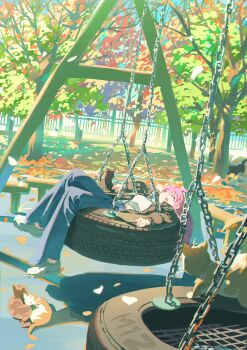 1girl 5others absurdres autumn autumn_leaves bench black_cat black_jacket brown_cat cat closed_eyes crop_top dutch_angle falling_leaves highres jacket jhigf leaf long_hair multiple_others open_clothes open_jacket open_mouth orange_cat original outdoors pants park park_bench pink_hair shirt shoes sleeping swing swing_set tire_swing tree white_shirt white_shoes wooden_bench