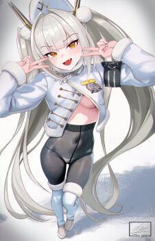 1girl armband black_armband black_pantyhose blanc_(fortune_express)_(nikke) blanc_(nikke) boots breasts double_v elias2art fang foreshortening fur-trimmed_boots fur_trim goddess_of_victory:_nikke hat highres jacket long_hair long_sleeves looking_at_viewer official_alternate_costume panties panties_under_pantyhose pantyhose see-through_pantyhose skin_fang smile solo twintails underboob underwear v very_long_hair white_boots white_hair winter_clothes yellow_eyes