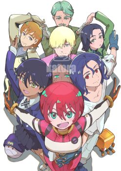 4boys 4girls absurdres amate_yuzuriha aqua_eyes bindi black_hair blonde_hair blue_eyes blue_hair brown_hair challia_bull char_aznable collared_shirt comoli_harcourt conch_(gundam) dark-skinned_female dark_skin facial_hair green_eyes green_hair group_pose gundam gundam_gquuuuuux hair_over_one_eye haro highres jacket k_katora long_hair long_sleeves looking_at_viewer mecha_pilot_suit military_jacket military_uniform mole mole_under_mouth multiple_boys multiple_girls mustache necktie non-humanoid_robot nyaan_(gundam_gquuuuuux) open_mouth pants purple_hair red_eyes red_hair robot school_uniform shirouzu_(gundam) shirt short_hair shuji_ito simple_background skirt smile sweater white_background xavier_olivette yellow_eyes