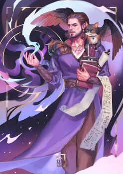 Rule 34 | 1boy, animal, animal on shoulder, arm up, baldur's gate, baldur's gate 3, beard, blue gemstone, body markings, book, border, bracer, brown eyes, brown hair, brown pants, cat, cat on shoulder, closed mouth, commentary, dungeons & dragons, english commentary, facial hair, facial mark, feathered wings, feet out of frame, gale (baldur's gate), gem, hair slicked back, highres, holding, holding book, looking at viewer, magic, male focus, medium hair, multicolored cat, ouroridae, pants, purple robe, robe, scroll, smile, tara (baldur's gate), v-neck, wings, yellow eyes