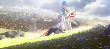 1boy 1girl absurdres blue_hair blue_tunic building capelet city cloak cloud commentary_request dmfsxq dwarf elf frieren grass highres himmel_(sousou_no_frieren) holding holding_staff long_hair mage_staff outdoors pointy_ears rock short_hair sitting sousou_no_frieren staff standing tunic twintails white_capelet white_cloak white_hair wide_shot