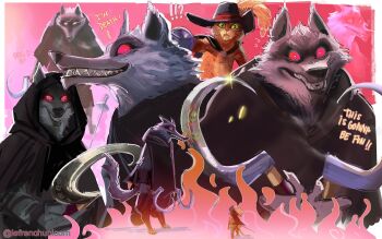 !? 2boys absurdres black_cape black_hat black_robe cape cat death_(puss_in_boots) english_text fire french-unicorn glowing glowing_eyes green_eyes grin hat highres holding holding_sickle holding_weapon hood hood_up hooded_robe looking_at_another multiple_boys no_humans puss_in_boots:_the_last_wish puss_in_boots_(shrek) red_eyes robe sharp_teeth shrek_(series) sickle size_difference smile sweatdrop teeth twintails weapon wolf
