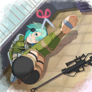 1girl absurdres angry anti-materiel_rifle arms_behind_back ass bdsm blue_eyes blue_hair bolt_action bondage bound bound_arms bound_legs bound_torso breasts cleavage cleave_gag cloth_gag cropped_jacket duct_tape feet female_focus floor full_body gag gagged glaring green_jacket green_leg_warmers green_leggings guard_rail gun hair_between_eyes hair_ornament hairclip highleg highleg_leotard highres improvised_gag jacket leg_warmers leggings legs legs_together leotard long_sleeves medium_breasts motion_lines one_eye_closed open_clothes open_jacket outdoors pgm_hecate_ii predicament_bondage rifle rooftop rope scissors short_hair short_hair_with_long_locks short_shorts shorts sidelocks sinon skin_tight skindentation sniper_rifle soles solo struggling sword_art_online tape tape_bondage taped_hands thigh_strap thighhighs thighs tiedtiki tile_floor tiles trembling trembling_legs weapon white_leotard wince