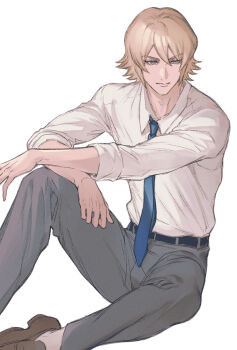 Rule 34 | 1boy, ace of diamond, arm on knee, belt, black belt, blonde hair, blue eyes, blue necktie, brown shoes, closed mouth, collared shirt, commentary request, grey pants, hair between eyes, knee up, male focus, necktie, okumura koushuu, pants, renorenoko, shirt, shirt tucked in, shoes, short hair, simple background, sitting, sleeves rolled up, solo, white background, white shirt
