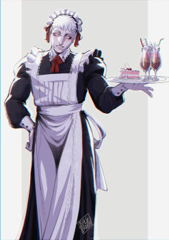 1boy absurdres all_for_one_(boku_no_hero_academia) apron blackberreh-art boku_no_hero_academia bow cake cake_slice cherry commentary crossdressing crossdressing_(mtf) dress english_commentary food fruit highres maid maid_apron male_focus milkshake pale_skin plate short_hair victorian_maid white_apron white_hair