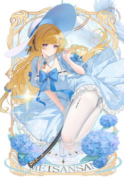 1girl alternate_costume artist_name blonde_hair blue_bow blue_dress bow breasts cleavage commentary_request content_rating cover cover_page dress hair_ornament hand_up hat highres long_dress long_hair looking_at_viewer medium_breasts meisansan pantyhose parted_lips phoebe_(wuthering_waves) puffy_short_sleeves puffy_sleeves purple_eyes short_sleeves solo tacet_mark_(wuthering_waves) thighband_pantyhose very_long_hair white_hat white_pantyhose wuthering_waves x_hair_ornament