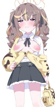 1girl bag black_bow black_skirt blonde_hair blue_archive blush bow breasts breasts_out brown_hair brown_halo cardigan collared_shirt emanonta hair_bow halo hand_on_own_hip highres holding holding_bag long_hair nipples purple_eyes rena_(blue_archive) shirt simple_background skirt sleeve-bow small_breasts solo twintails white_background white_bow white_shirt yellow_cardigan