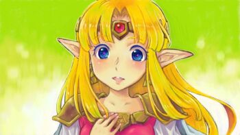 Rule 34 | 1girl, armor, blonde hair, blue eyes, collarbone, commentary request, curtained hair, earrings, fingernails, gem, gold tiara, hand on own chest, jewelry, long hair, nintendo, open mouth, pointy ears, princess, princess zelda, purple pupils, red gemstone, saikachi (ogre tree), shoulder armor, solo, teeth, the legend of zelda, the legend of zelda: a link between worlds, tiara, triforce, upper body, upper teeth only