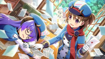 2girls :d akasaka_miyuki blue_jacket blurry brown_hair closed_eyes depth_of_field dutch_angle falling_paper game_cg glasses gloves hanyuu highres higurashi_no_naku_koro_ni higurashi_no_naku_koro_ni_mei holding holding_letter horns indoors jacket leaning_on_table lens_flare letter long_hair long_sleeves looking_down multiple_girls non-web_source official_art one_side_up open_mouth open_window purple_eyes purple_hair red_scarf round_eyewear scarf short_hair smile sparkle standing table wavy_mouth white_gloves window
